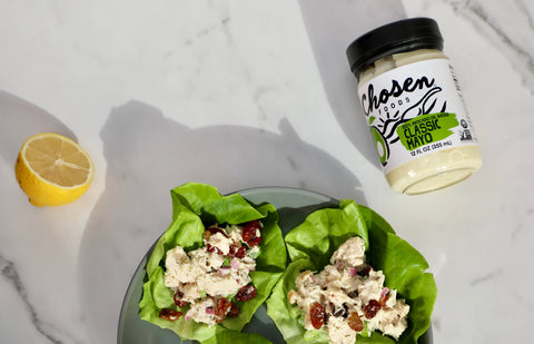 Chicken Salad made with Chosen Foods Avocado Oil Mayo served in Bibb lettuce cups