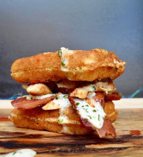 Chicken & Bacon Waffle Sandwich with Creamy Ranch