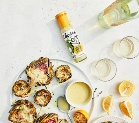Roasted Artichoke Halves Drizzled with Lemon Garlic Dressing