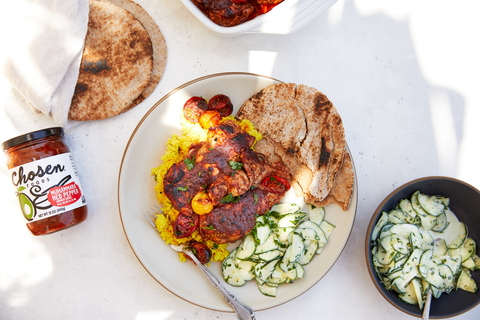 Oven Baked Muhammara Chicken Thighs with Cucumber Parsley Salad