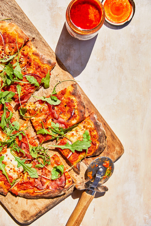Spanish Romesco Flatbread with Mozzarella, Arugula & Prosciutto