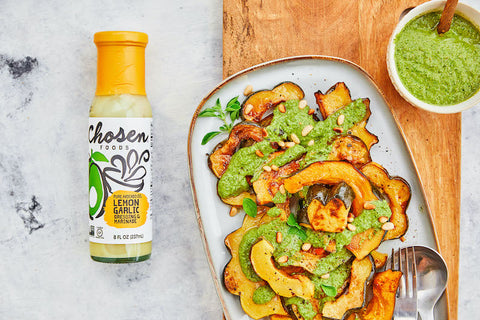 Lemon Garlic Acorn Squash with Cilantro Pesto