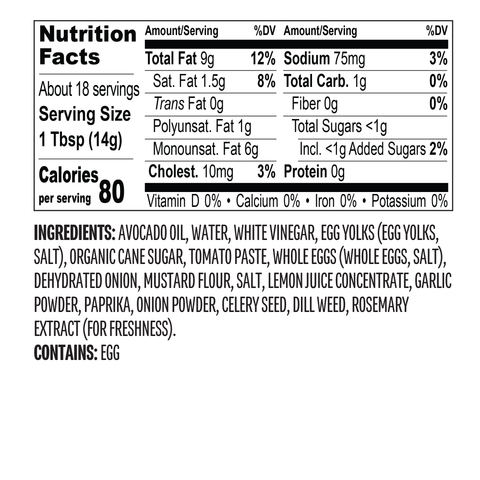 Burger Sauce made with 100% Pure Avocado Oil - Nutrition Facts Label