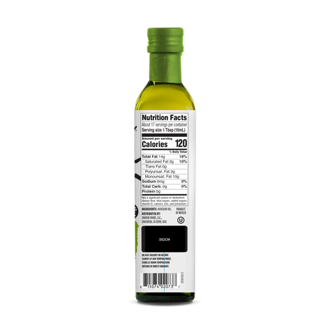 100% Pure Avocado Oil 250ml Glass Bottle - View Nutrition Facts